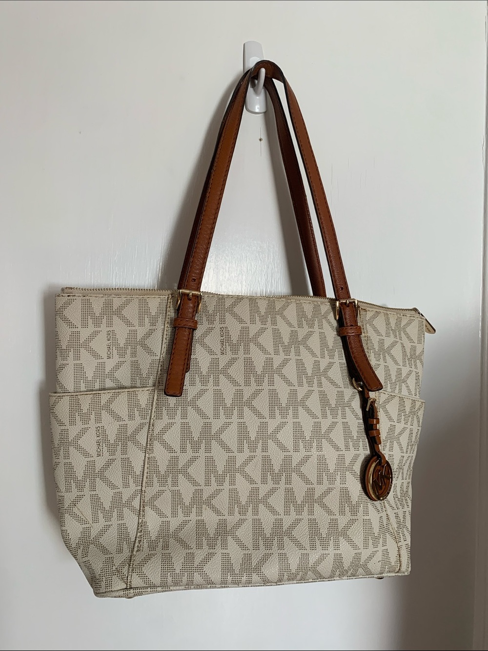 Michael Kors Cream and Brown MK Signature Tote